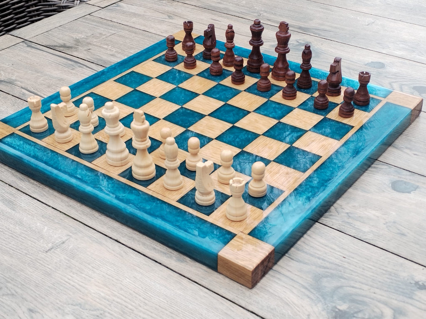 Ocean Blue Oak Resin Chess Board